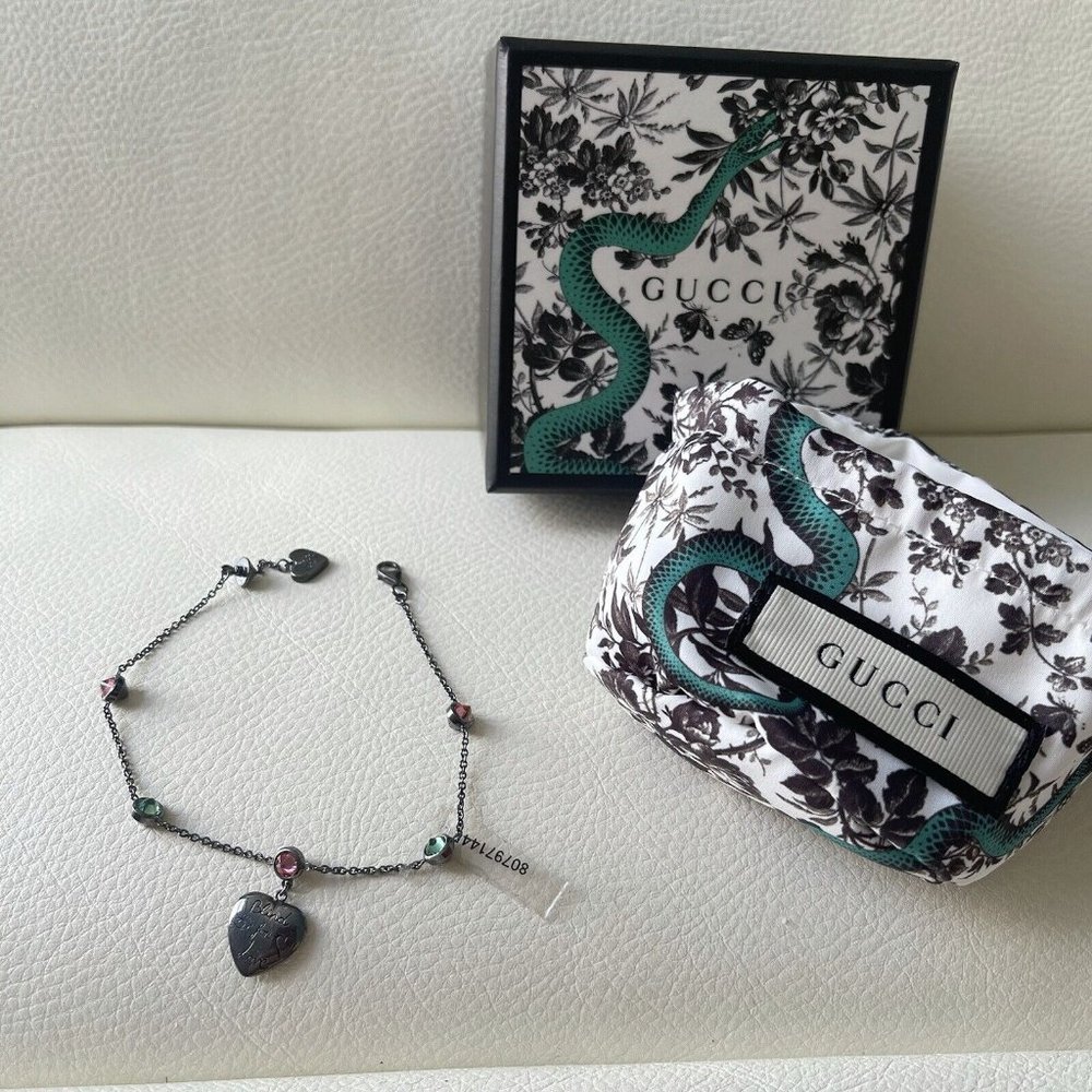NEW GUCCI Bracelet Chain Blind for Love Heart Pink Green Bijou Silver Ag925 17 - Picture 4 of 6